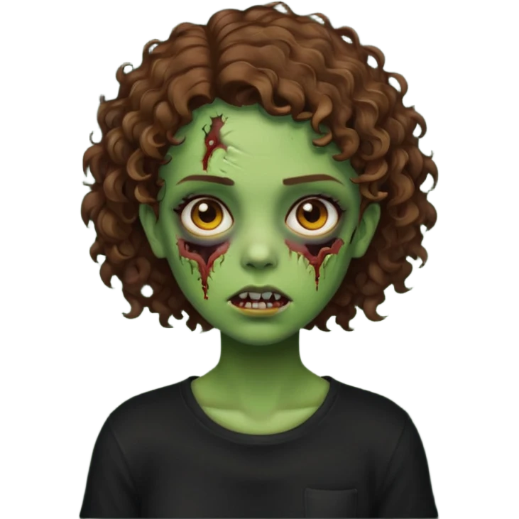 Zombie girl emoji verde com cabelo curto cacheado castanho no ombro com uma blusa preta emoji
