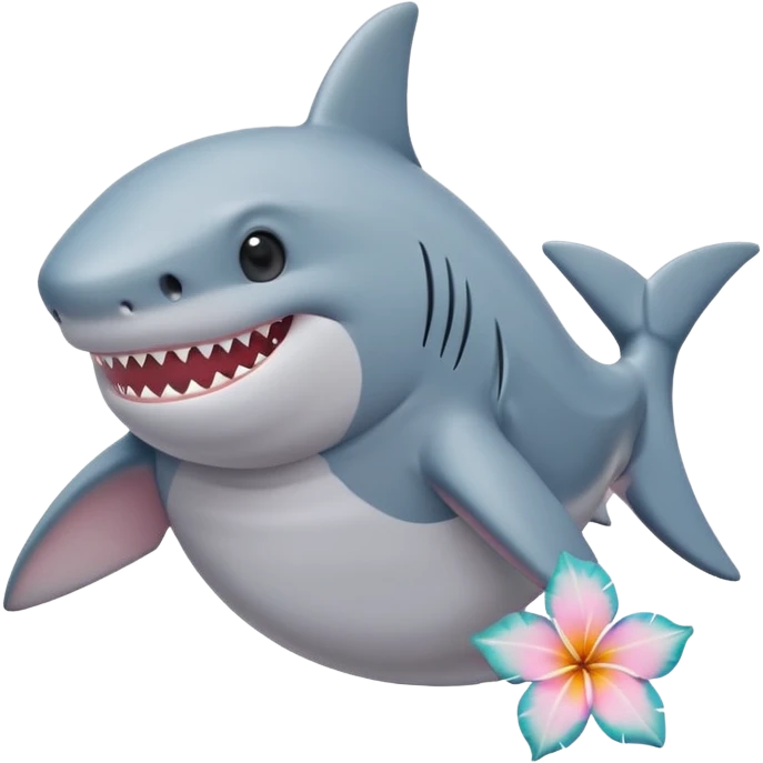 A cute chubby shark with hawaii pastel flower necklace, posing proudly. emoji