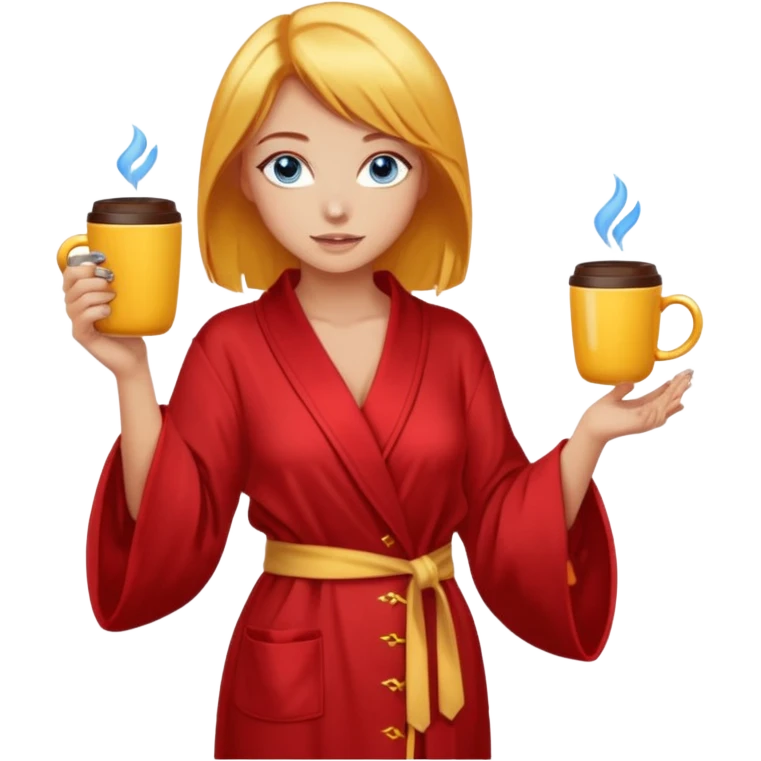 lightly tanned skin, blue eyes, cute and sexy girl with bright yellow-brown hair in a few shades of red robe, golden rings, slight cute makeup, full body, slightly turned aside pose, holding a coffee mug emoji