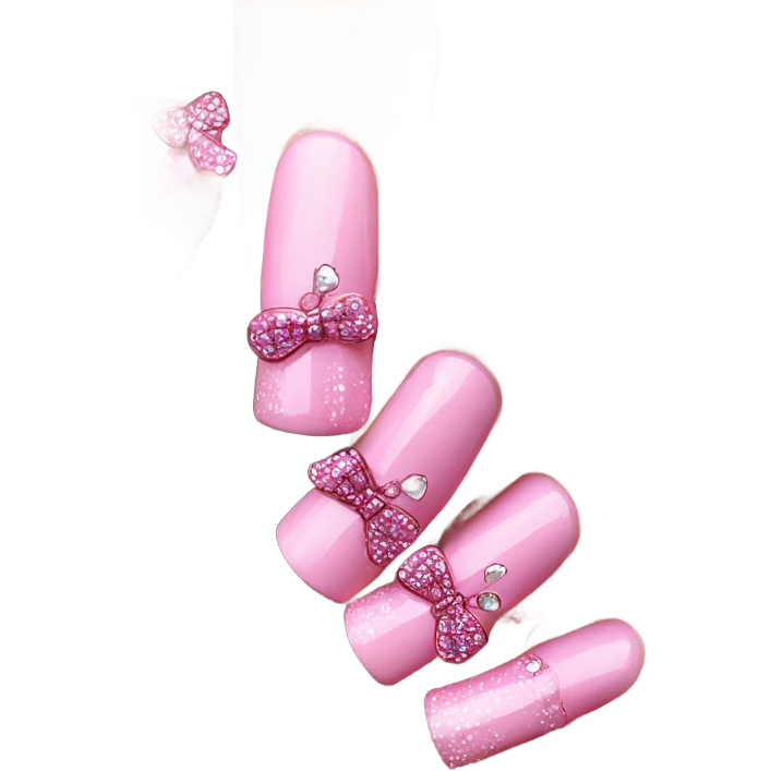 pink hyper realistic acrylic nails with pink bows and diamonds emoji