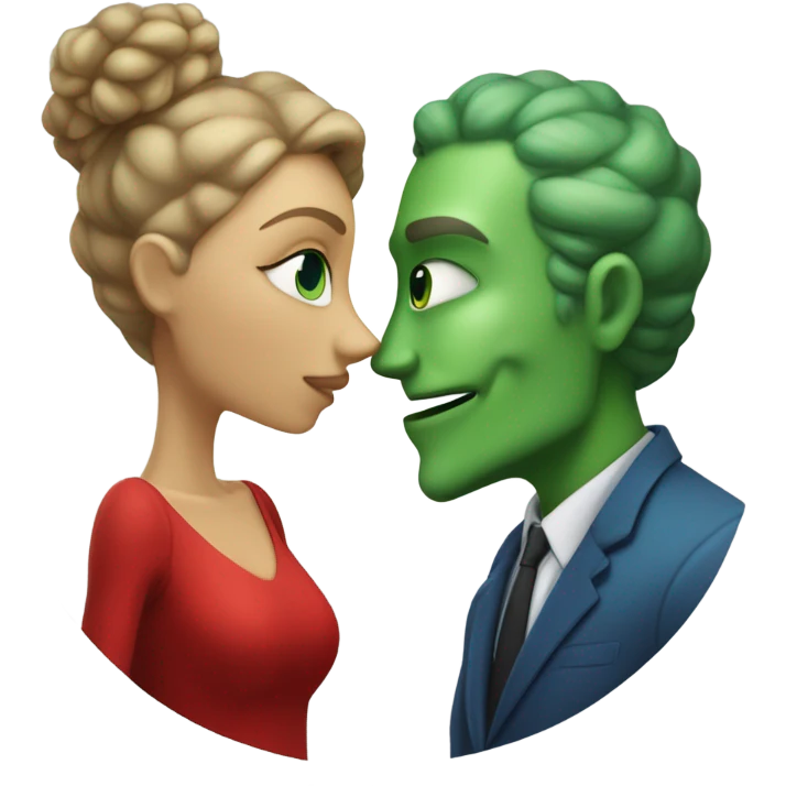 Beatiful tall green skin female reptilian in red dress, kissing white man in blue dress, full figure, full body emoji