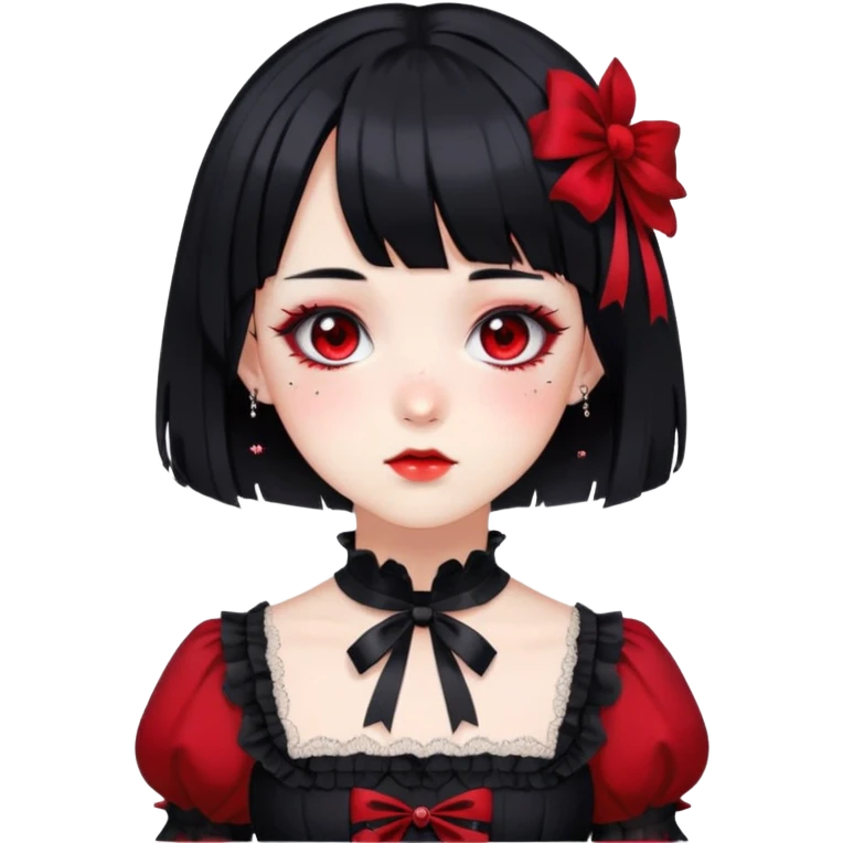 Gothic anime lady with short black hair, black and red Lolita dress, freckles, makeup emoji