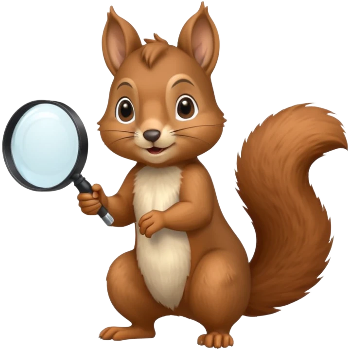 realistic squirrel emoji, small brown animal with bushy tail, large cheeks, small upright ears, pointed snout, holding a huge magnifying glass emoji