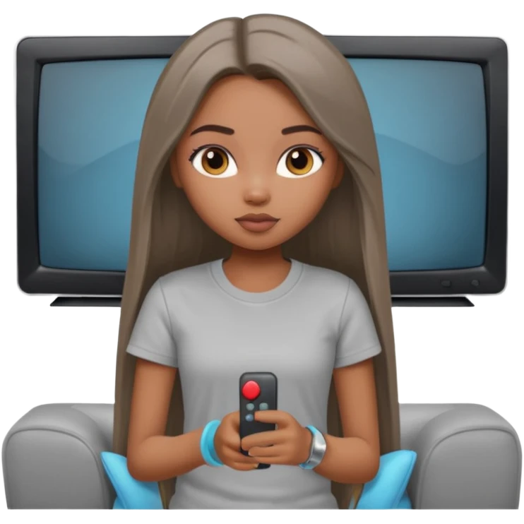 a pretty bratz dusky girl with long straight hair watching tv and wearing a grey tshirt emoji