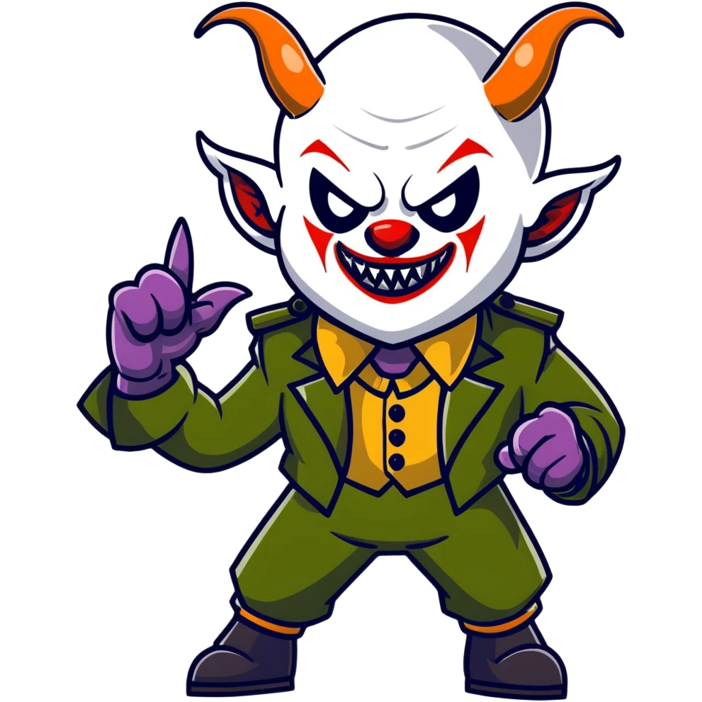 evil clown warrior, bald, short goat-like horns on forehead, fangs, pointed ears, black and military green leisure suit, battle-ready fighting posture emoji