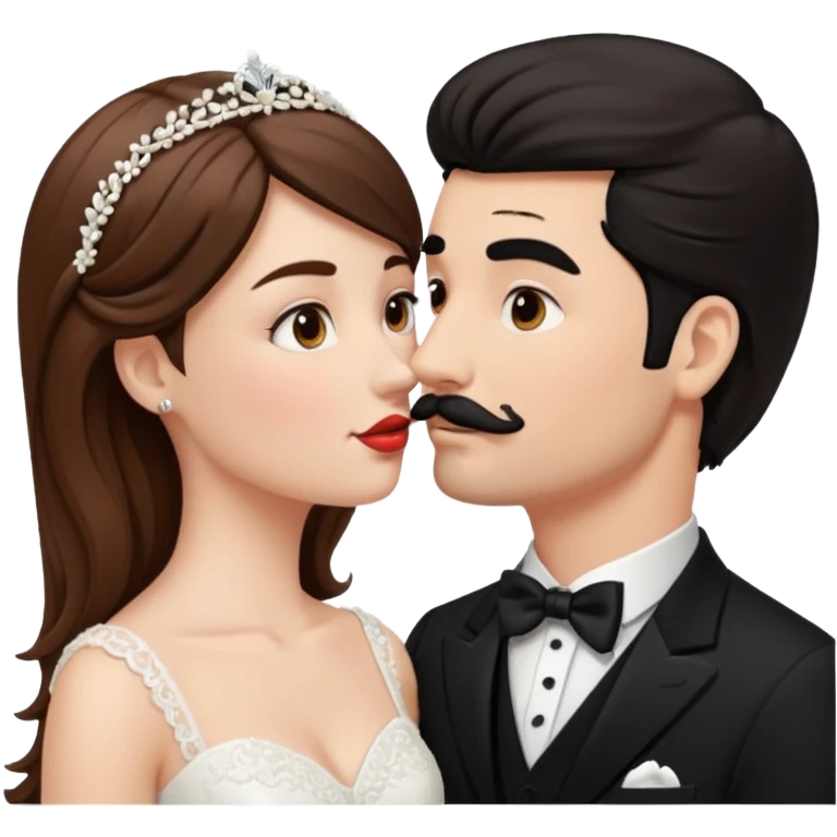 White girl brown hair bride and white black hair groom with moustache kissing emoji