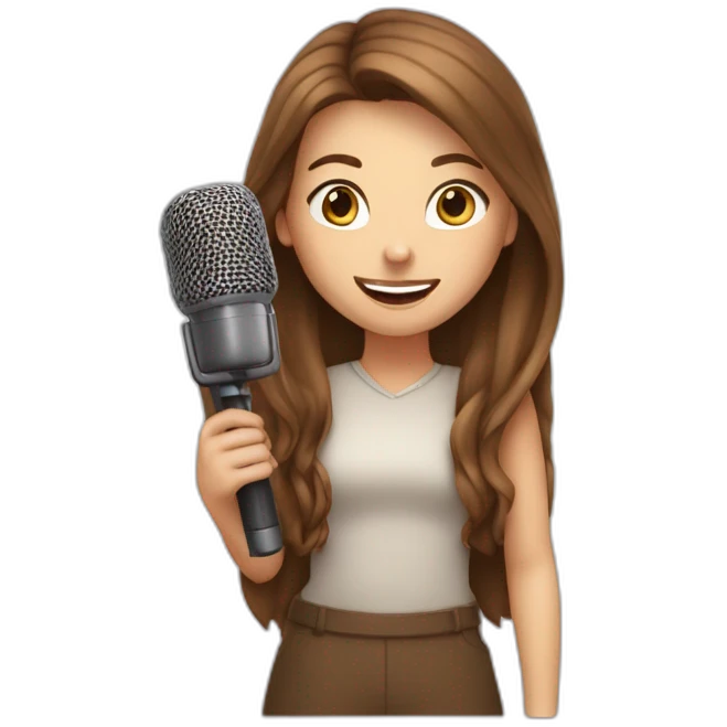 Caucasian girl with long Brown hair holding a michophone singing happy emoji