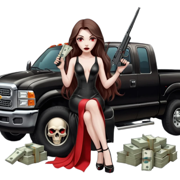 Lilith symbol red eye seductress evil long brown haired sexy succubus woman with leather long dress with slit on, sitting in Big Large F350 pickup truck. Platform long high heels on feet. Back seat full of stacks of cash, she is  Holding a man dead human skull of her enemies and a gun in other hand emoji