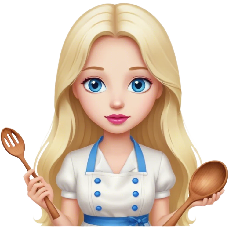 Cinematic realistic beautiful blonde with long hair, blue eyes and pink lips in a white dress cooks emoji