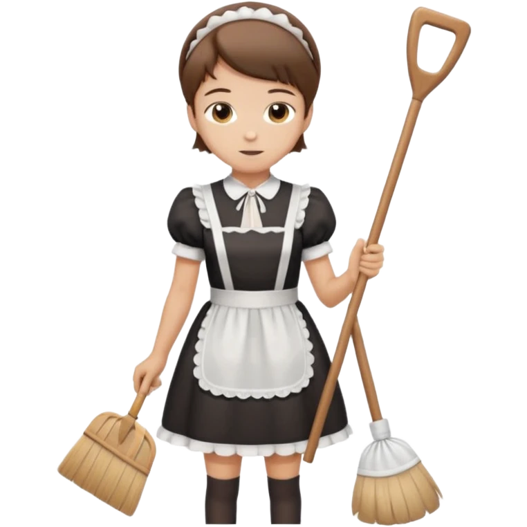 Guy with short brown hair wearing a cute maid dress, sweeping emoji