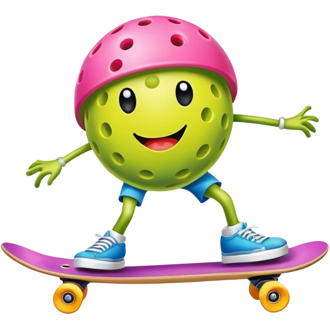 a pickleball ball with legs riding a skateboard emoji