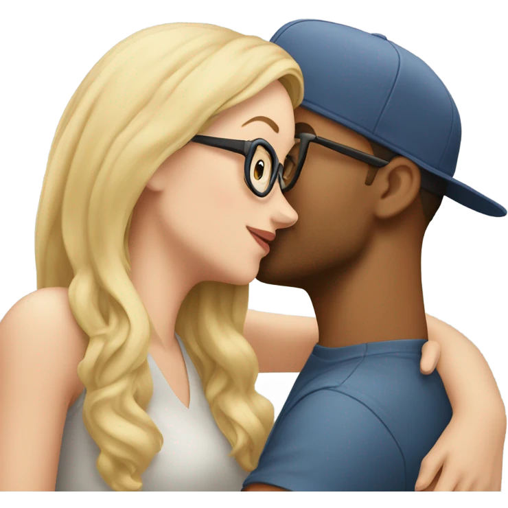 blonde woman with glasses and men with light skin and cap and no glasses kissing emoji