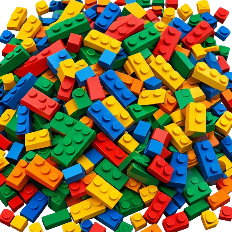 A photorealistic icon featuring a pile of colorful LEGO bricks scattered together in a messy heap. The design includes bright, detailed textures of the individual bricks, capturing the playful and creative essence of LEGO building. Transparent background, symbolizing LEGO construction. emoji