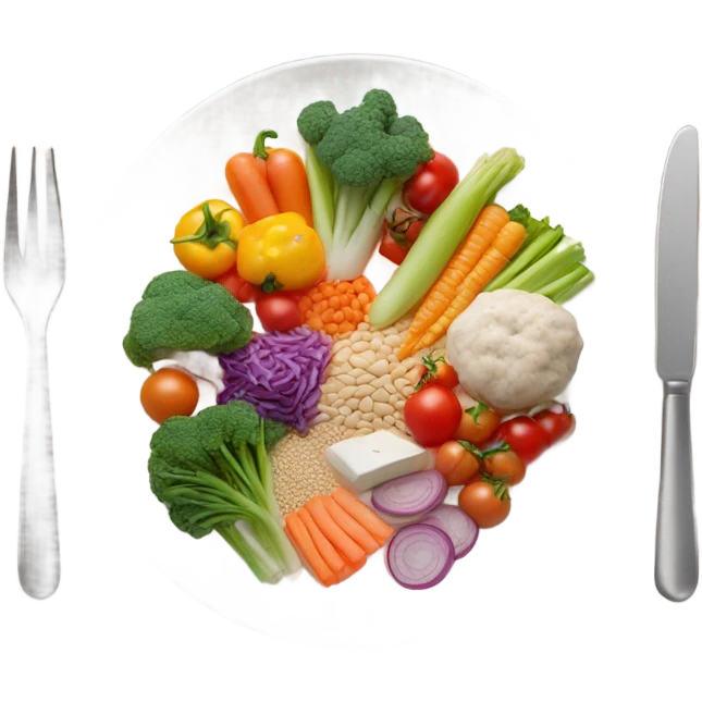round white plate with healthy food emoji