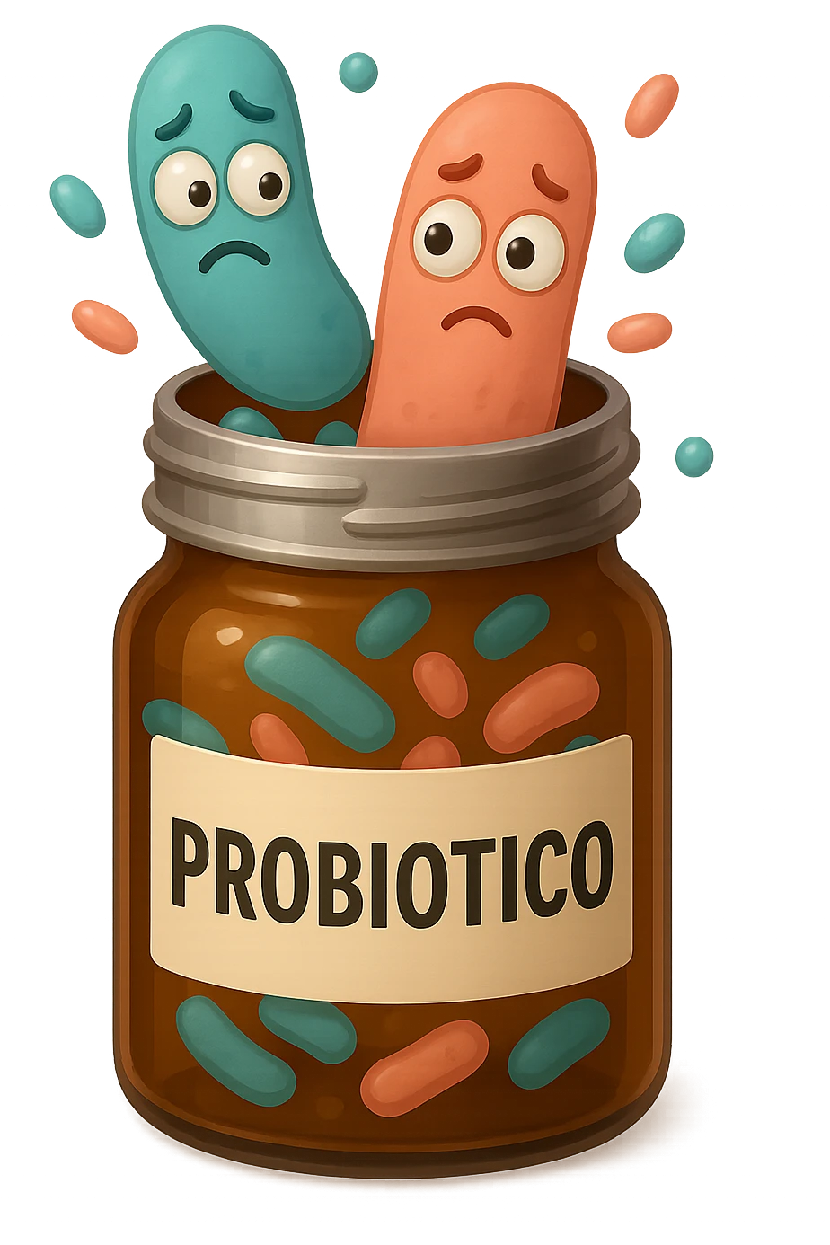 EMOJI STILE IPHONE DI UN barattolo di PROBIOTICI con la scritta "PROBIOTICO" SULL'ETICHETTA APERTO DA CUI ALL'INTERNO ESCONO BATTERI INTESTINALI TURCHESI E ROSA SALMONE CON ESPRESSIONE DUBBIOSA IN VOLTO, IPERREALISTICO 4K emoji