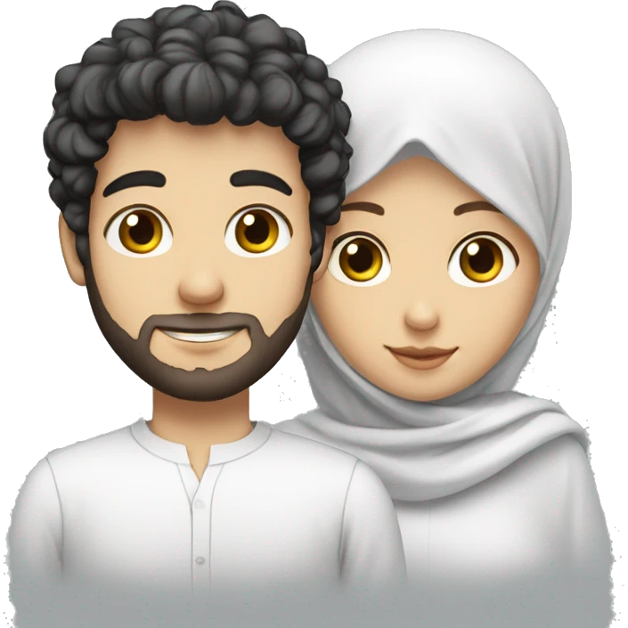 young white European guy with a white shirt and curly black hairs with girl wear hijab emoji