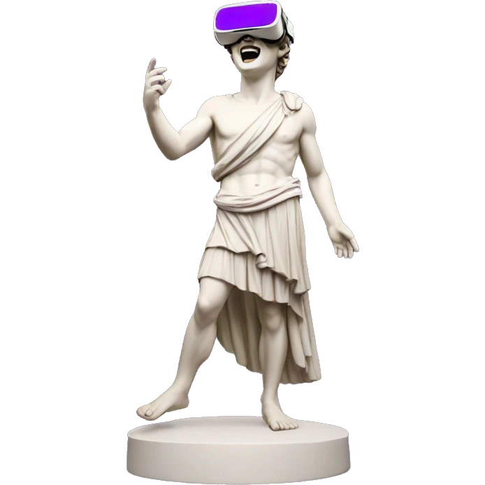 an EMOJI OF A ancient young greek statue, wearing VR headset, shouting purple colors, full body emoji