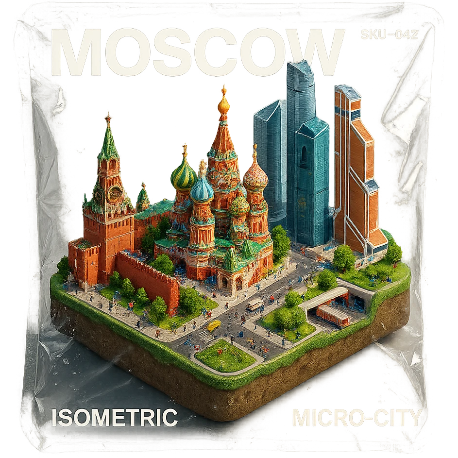 Изометричная миниатюрная 3D модель Москвы на подставке - фотореалистичный Кремль, собор Василия Блаженного, фотореалистичный Башни Москва-Сити, аккуратная детализация, яркие цвета, мультяшный реализм, гуляют люди и современный автотранспорт и метро, компактная композиция, вид сверху в изометрии emoji