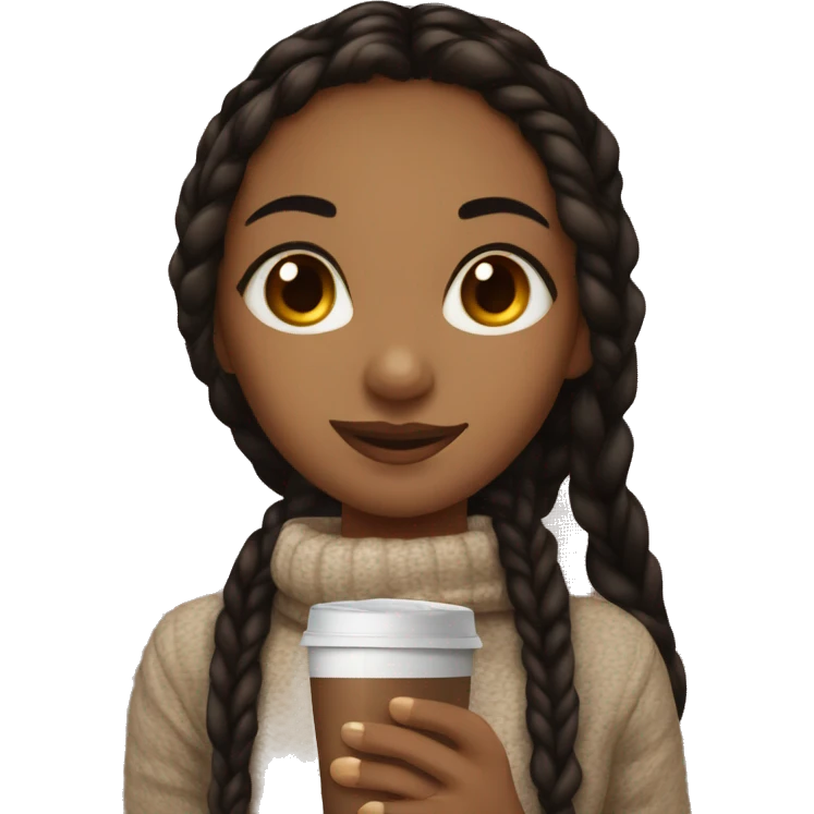 Light brown girl with black long braids and a hot chocolate emoji
