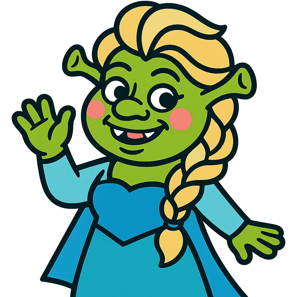 Elsa and Shrek fusion, cartoon style, playful expression emoji