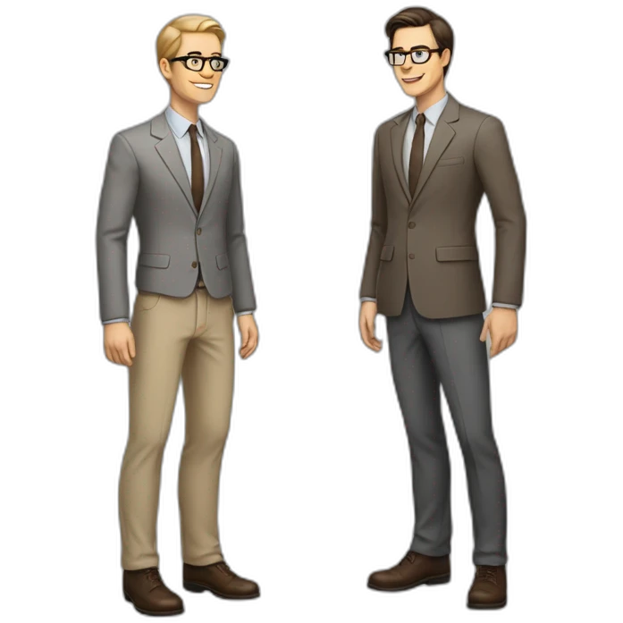 Full height Actively gesturing with hands Pale skinned fit man with dark brown hair in gray jacket, beige office shirt, brown tie, brown pants and vintage glasses. emoji