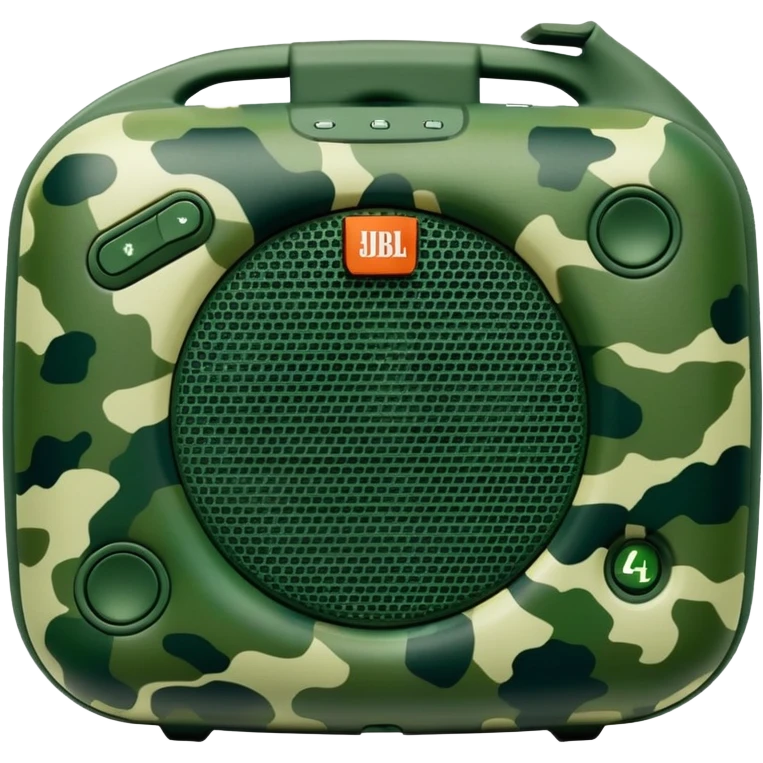 Simple JBL Clip 4 speaker with forest green camouflage pattern, light and dark green spots, iOS emoji style emoji