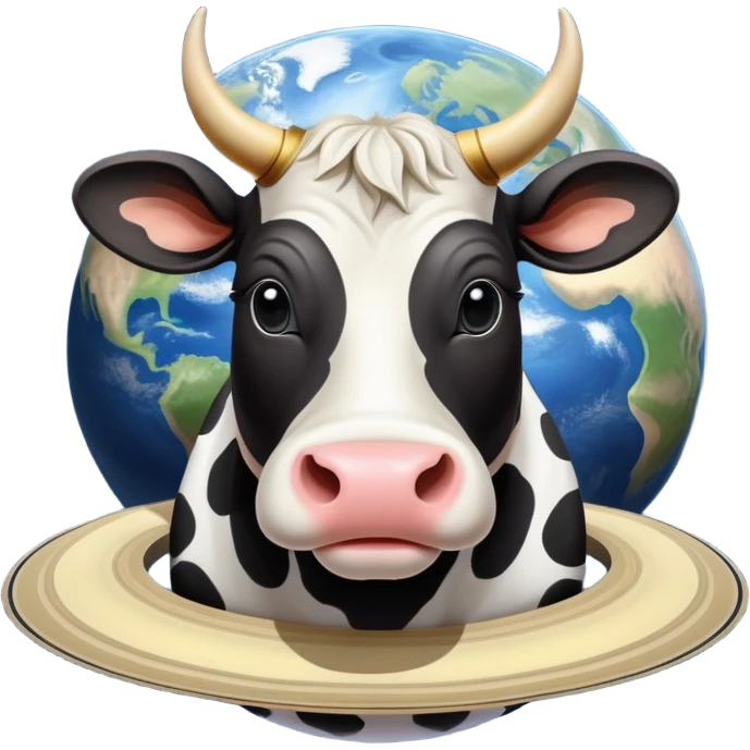 A black and white spotted cow head on top of the planet Saturn with its rings, and enormous human feet wearing shoes supporting the whole structure emoji