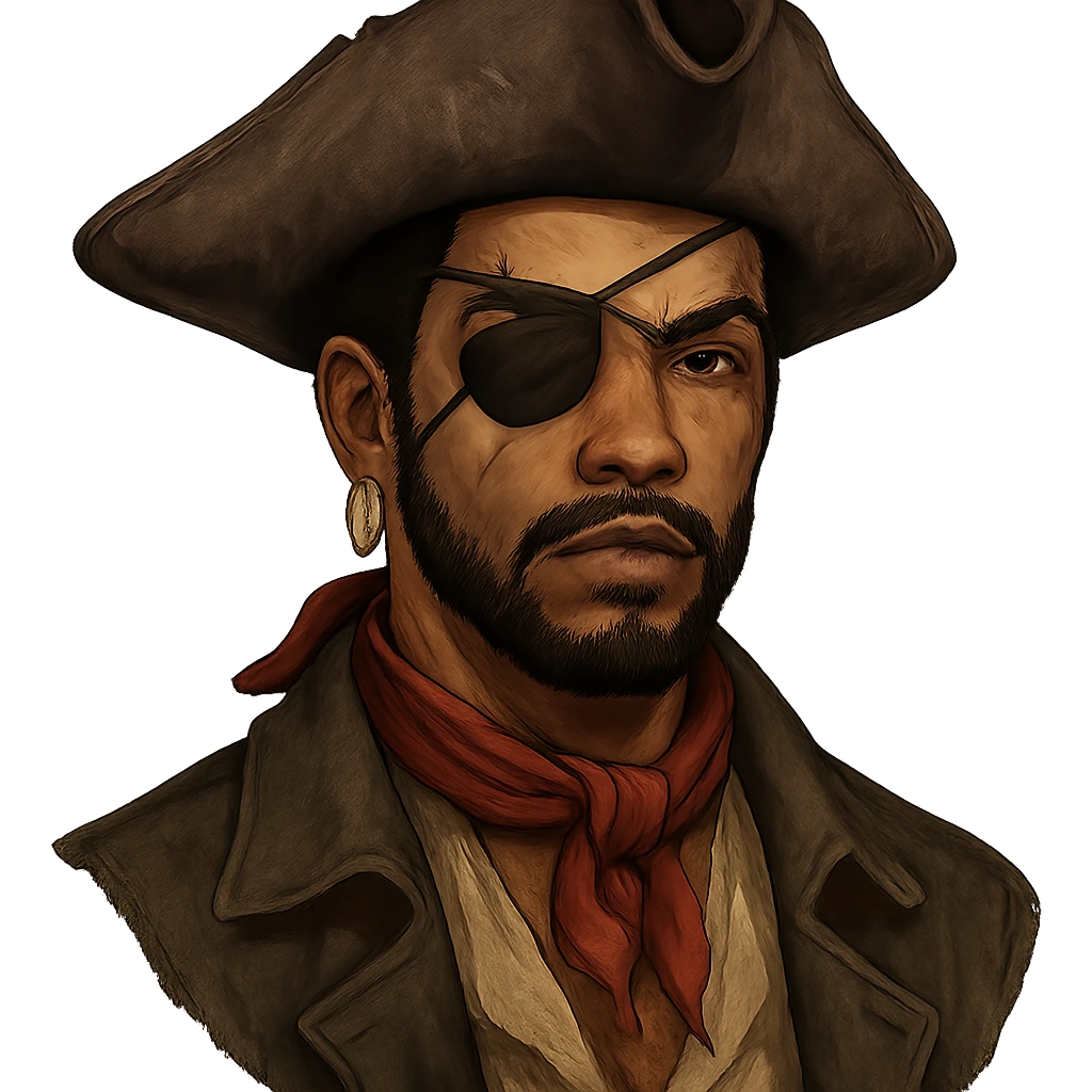 lightskin African American pirate with a scar, an eye patch on the right eye, an eyebrow slit, and a small curly black afro emoji