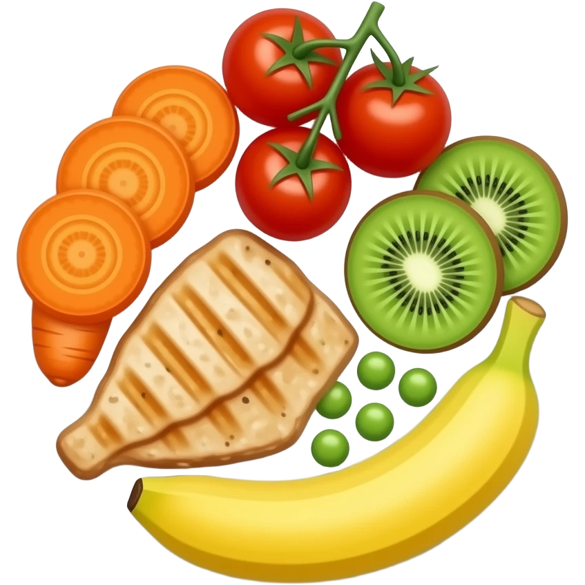 plate with carrot meat fish tomato kiwi peas banana emoji