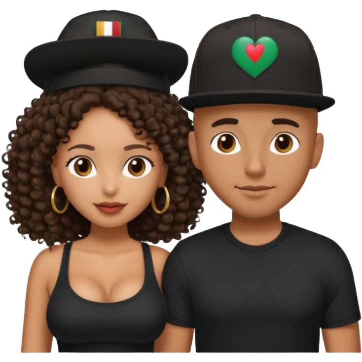 A picture of a loving tanned couple. the guy is Mexican, with a bald hair cut and he has a SnapBack hat on. The girl is mixed, the girl is wearing a black shirt, the girl has brown curly big hair and the girl has big boobs  emoji