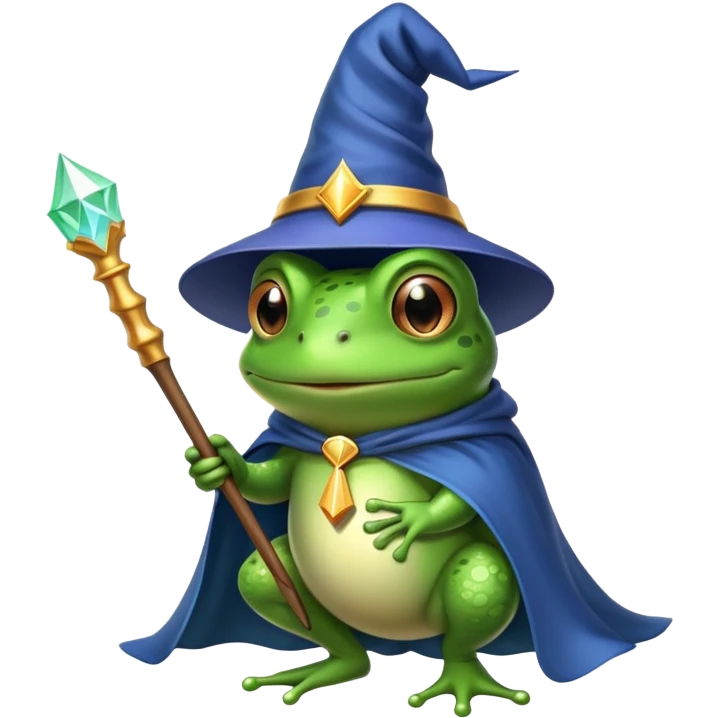 frog wearing a wizard hat and holding a wand wearing a cape emoji