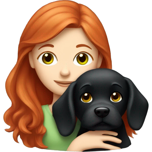 red-haired girl with green eyes, sleep with a maltese black dog emoji