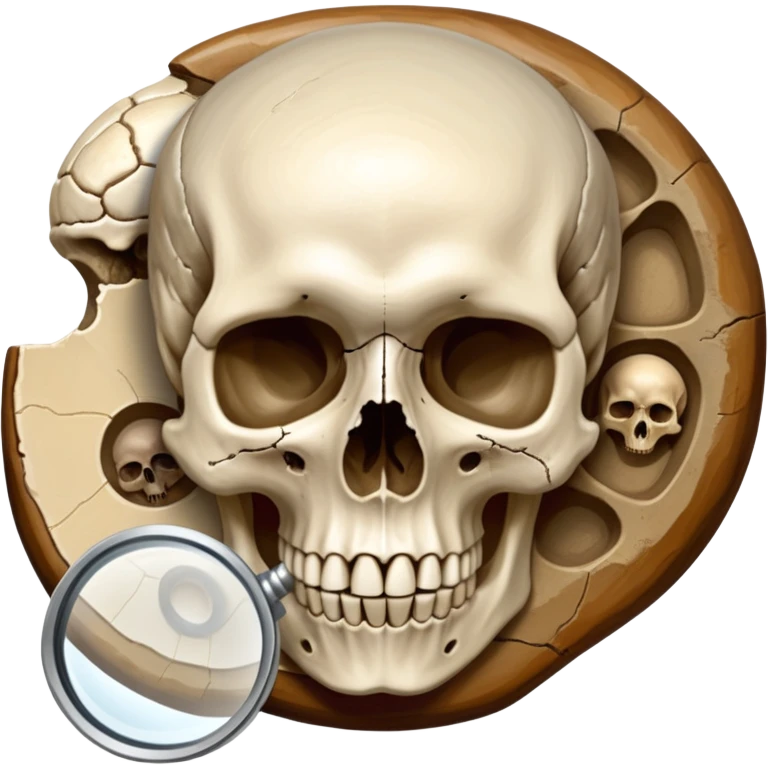 An icon featuring a human skull and fossils, representing anthropology. The design includes a magnifying glass and a map of ancient human migration paths, symbolizing the study of human evolution and cultures. Transparent background highlights the scientific exploration of humanity’s past. emoji