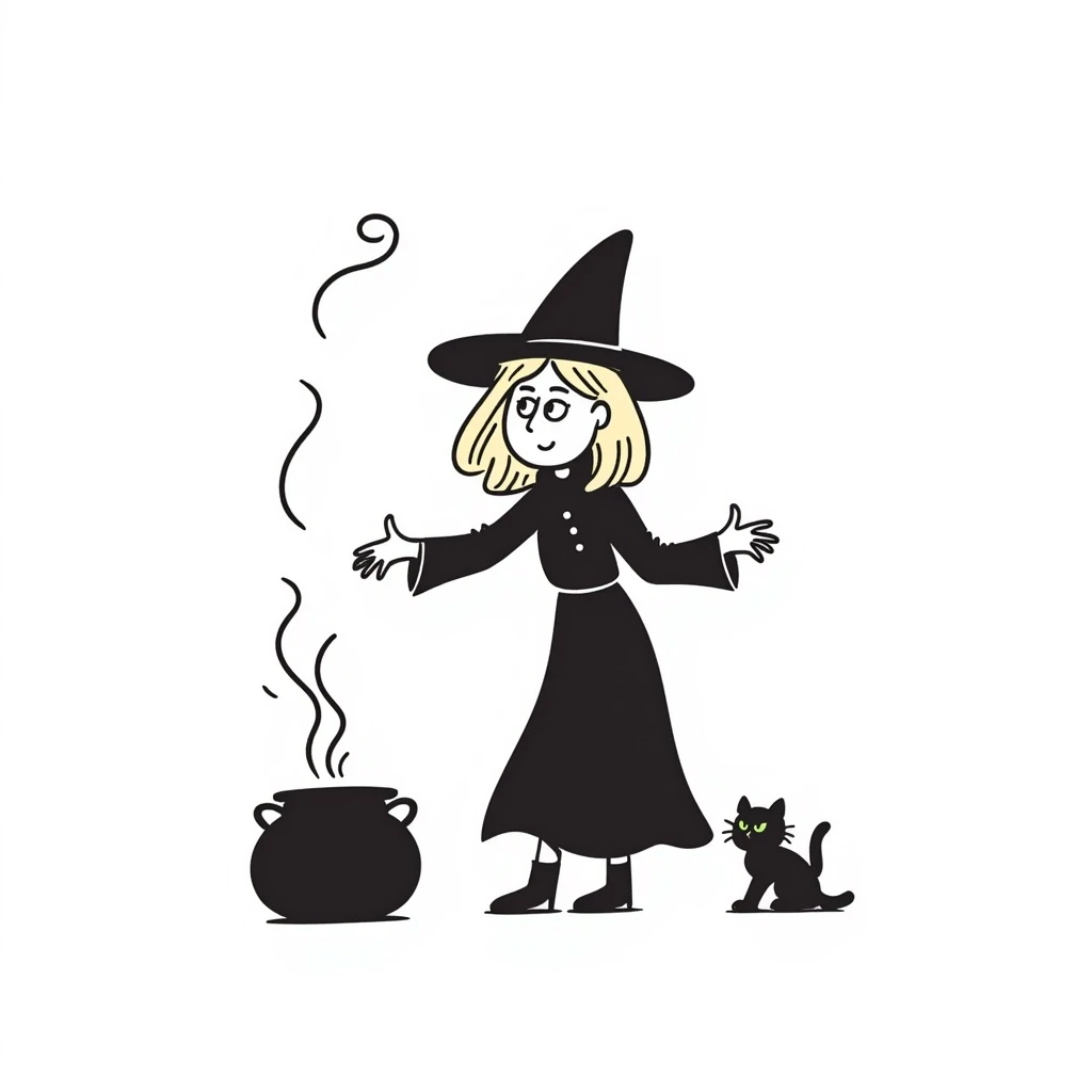 A detailed illustration of a blonde witch with a black cat, casting a spell emoji