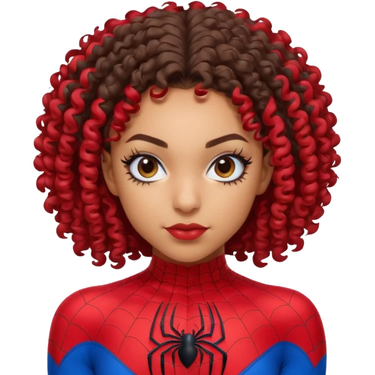 Lightskin girl with curly hair, eyebrow piercing in left side, wearing a spider man costume emoji