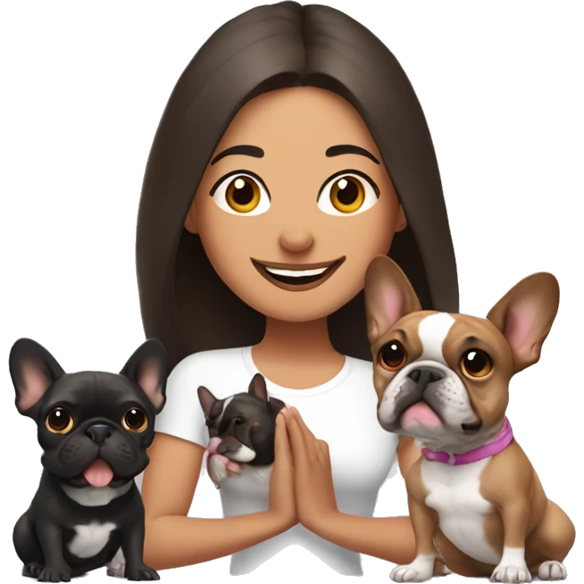 latin woman with long dark brown hair expressing joy dressed in a yoga outfit alongside two french bulldogs emoji