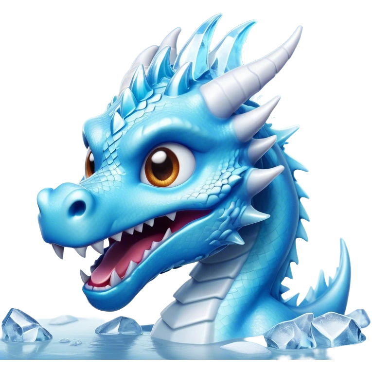 Cinematic Comical Beautiful Ice Dragon Portrait Emoji, Head tilted dramatically with an exaggeratedly amused expression, featuring a striking, glossy icy body with bold, crystalline textures and wide, expressive eyes that shimmer with playful frost, rendered with vibrant, lifelike detail and dynamic, natural shadows, high shine, dramatic yet whimsical, styled with an air of cheeky arctic mischief, soft glowing outline, capturing the essence of a spirited and over‐the‐top ice marvel that looks ready to burst into a flurry of frosty fun! emoji