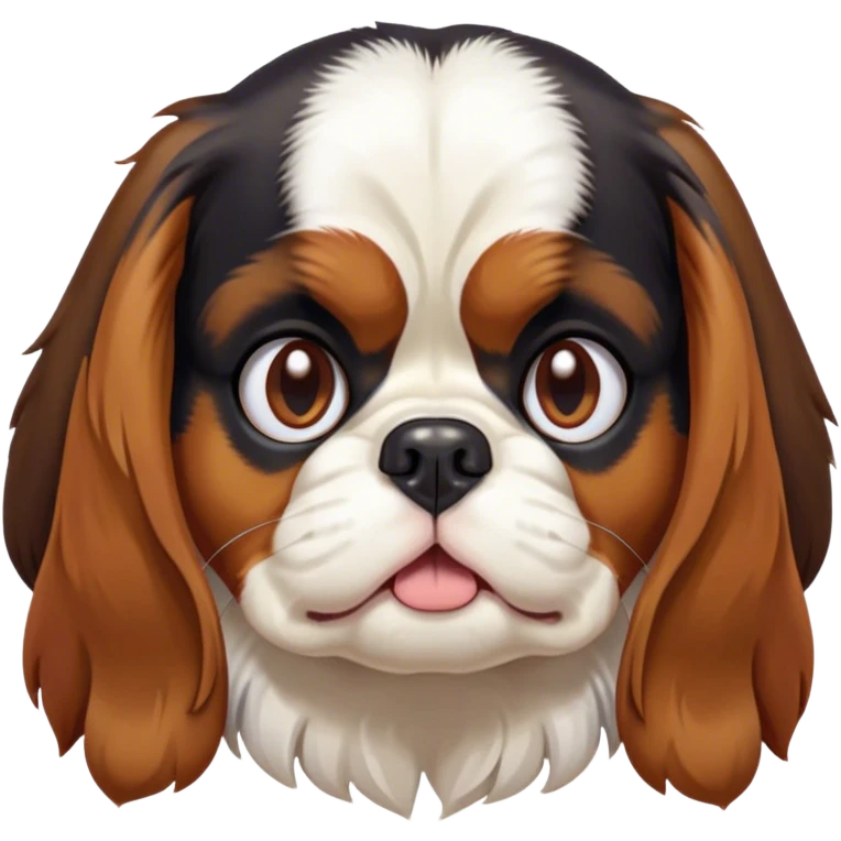 Cinematic Grumpy Tri-Colour Cavalier King Charles Spaniel Portrait Emoji, Head tilted slightly with a deeply unimpressed expression, thick tri-colour fur with pronounced black, white, and tan markings, large, droopy brown eyes narrowed into an unamused glare, ears slightly drooping in exasperation, Simplified yet comically expressive features, highly detailed, glowing with a dry, sarcastic glow, high shine, effortlessly judgmental yet dignified, stylized with a touch of cynicism, bright but brooding, soft glowing outline, capturing the essence of an eternally unimpressed yet endearing companion, so lifelike it feels like it could sigh heavily at you in disdain at any moment! emoji