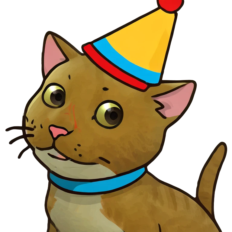 ginger tabby kitten celebrating birthday, wearing a birthday hat, with birthday cake, balloons, happy expression, and gifts emoji