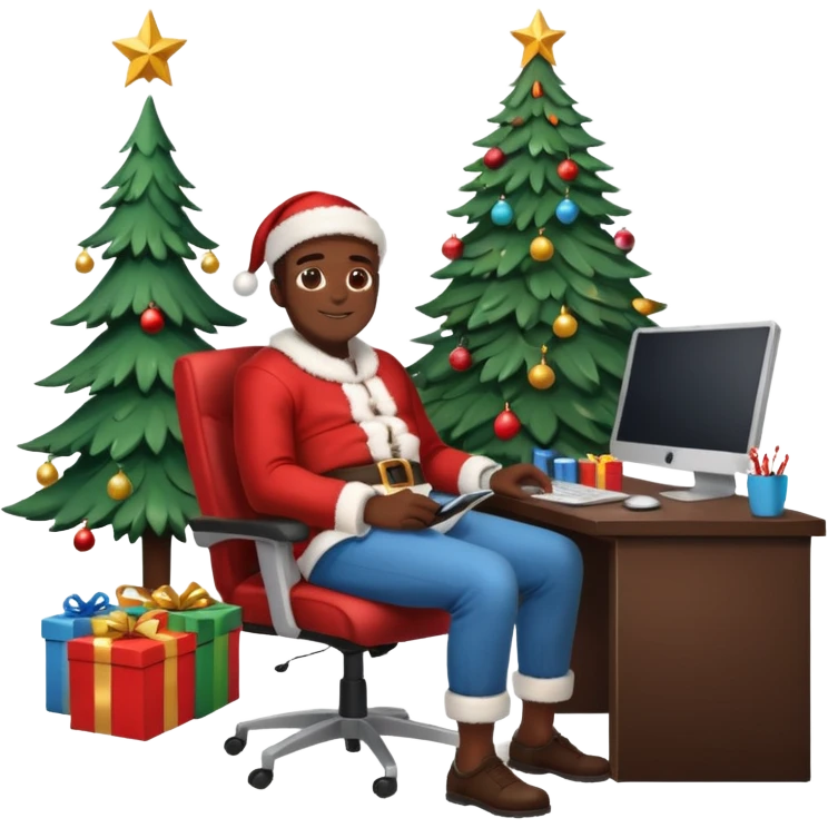 Informaticien homme noir full-body, week-end détente, assis à son bureau moderne avec ordinateur affichant du code.. À côté de lui, le Père Noël souriant, sapin illuminé et cadeaux autour. emoji
