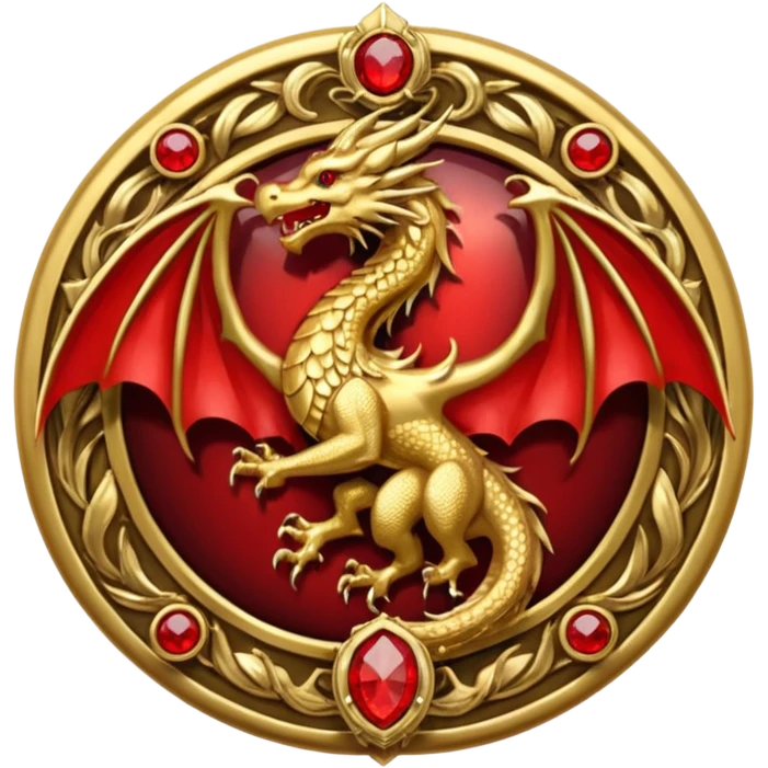 Golden dragon with wings crest / brosch in a circle with red gems and no background emoji