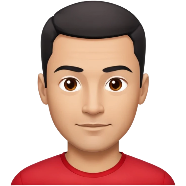 Robust athletic man in his 40s with light brown skin tone, very short black hair with modern fade haircut, strong square face with pronounced cheekbones, thick eyebrows, wide nose, medium lips with friendly smile, wearing red fitted athletic shirt emoji