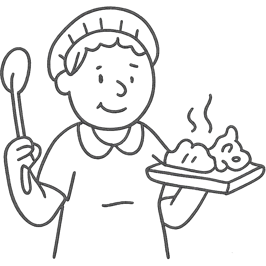 hand-drawn outlined icon of a lunch lady holding a ladle and a tray of gross food emoji