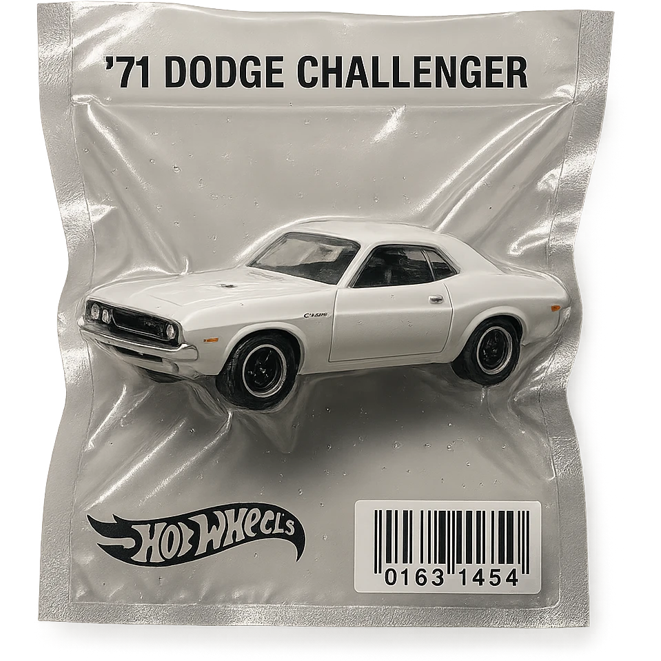white 1971 Dodge Challenger Hot Wheels toy car, glossy, inspired by the movie 'Death Proof' emoji
