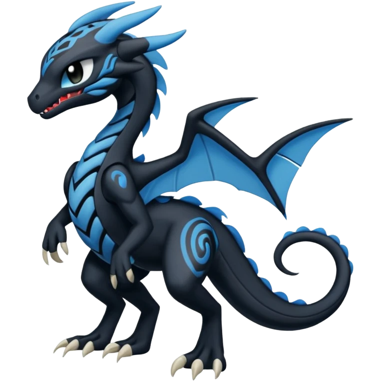 Black and Blue Meloetta-Venom-Stitch-Zekrom-Salandit-fusion, full body, tribal markings  emoji