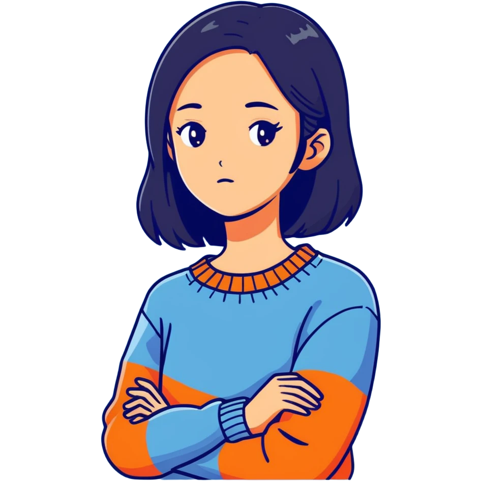 a girl with dark hair and a bluish sweater emoji