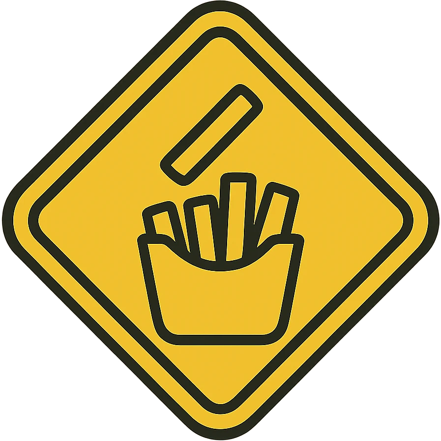 yellow warning road sign, a single french fry being dropped into a bag containing a few other fries, flat color style emoji