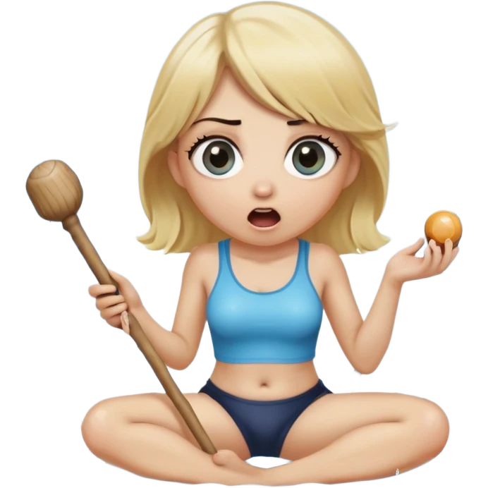 blond woman sitting on her knees with wide eyes, holding a wide skin-colored stick with a D-shaped knob, the stick and the nob have skin texture, water squirting from the knob into her mouth, shocked face, the knob is coming out of pants hanging next to her emoji