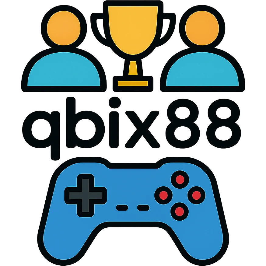 Gaming platform icon for 'qbix88' with players, trophy, and controller emoji