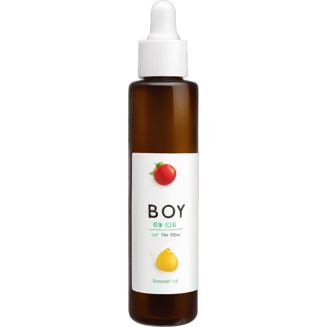 bottle of body oil with label emoji